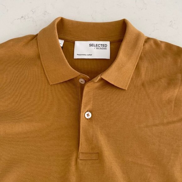 Selected/Homme SLHPARIS SS Organic Cotton Polo Shirt Wood Thrush Gold Sz M NWT - Picture 3 of 10